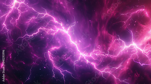Vibrant purple lightning bolts against a dark, nebulous backdrop