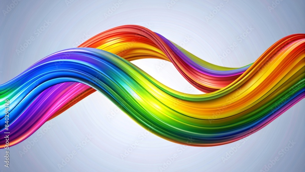 modern graphic design. A vibrant, wavy ribbon flows across the image, transitioning smoothly through the colors of the rainbow, from purple and blue to green, yellow, and orange.