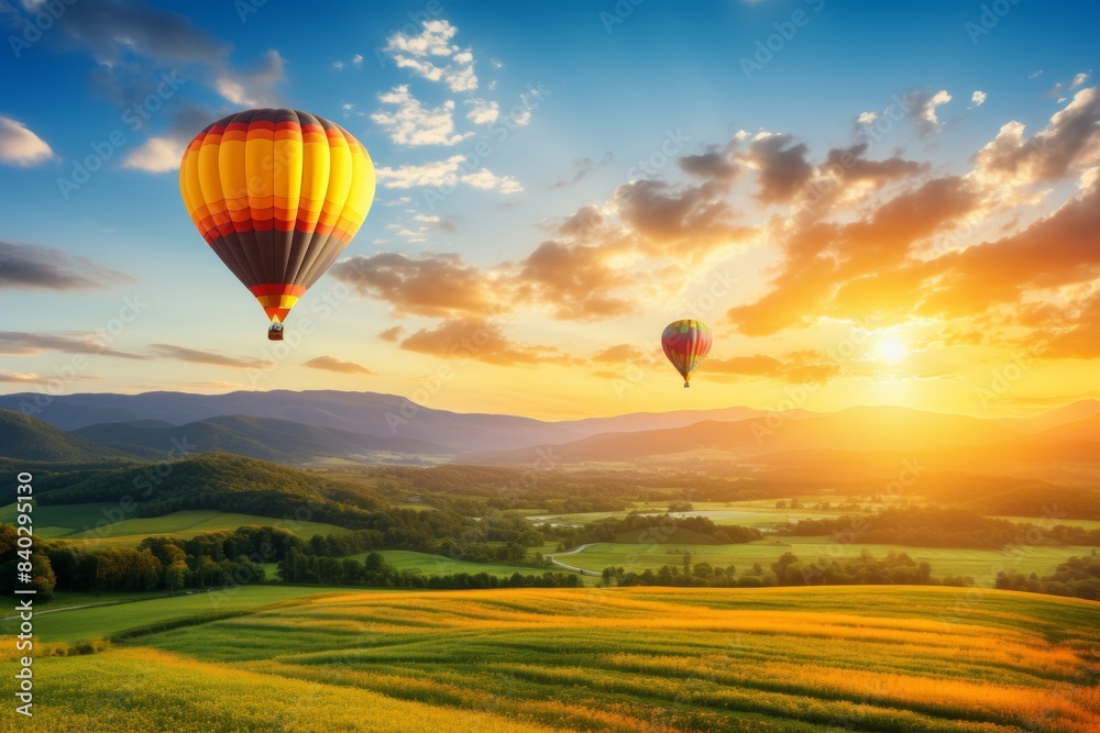 Naklejka premium Giant hot air balloons soar over mountains and meadows during a beautiful sunset
