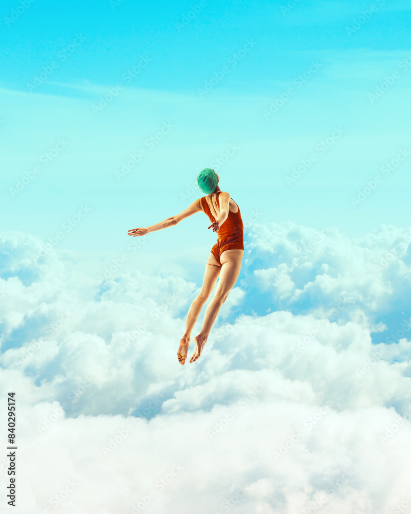 Woman in red swimsuit and cap diving against fluffy clouds and blue sky background. Freedom. Contemporary art collage. Concept of summer, vacation, relaxation, fashion. Retro style. Creative design. Woman in red swimsuit and cap diving against fluffy clouds and blue sky background. Freedom. Contemporary art collage. Concept of summer, vacation, relaxation, fashion. Retro style. Creative design.