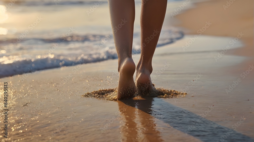 closeup black woman feet walking on wet sandy beach, female legs with barefoot closeup black woman feet walking on wet sandy beach, female legs with barefoot