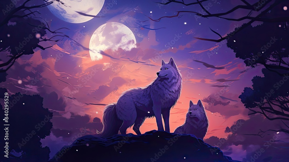 tranquil wolves under the moon amidst a serene forest, with a white dog and a large tree in the background, while a white moon illuminates the scene tranquil wolves under the moon amidst a serene forest, with a white dog and a large tree in the background, while a white moon illuminates the scene