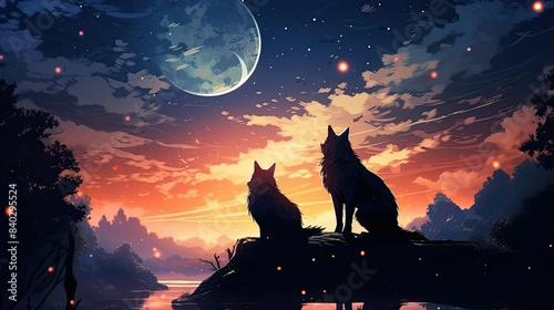 tranquil wolves under the moon amidst lush green trees and a clear blue sky  with a black dog and pointy - eared animal in the foreground