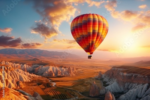 Majestic hot air balloons drift over mountains and meadows in the enchanting sunset
