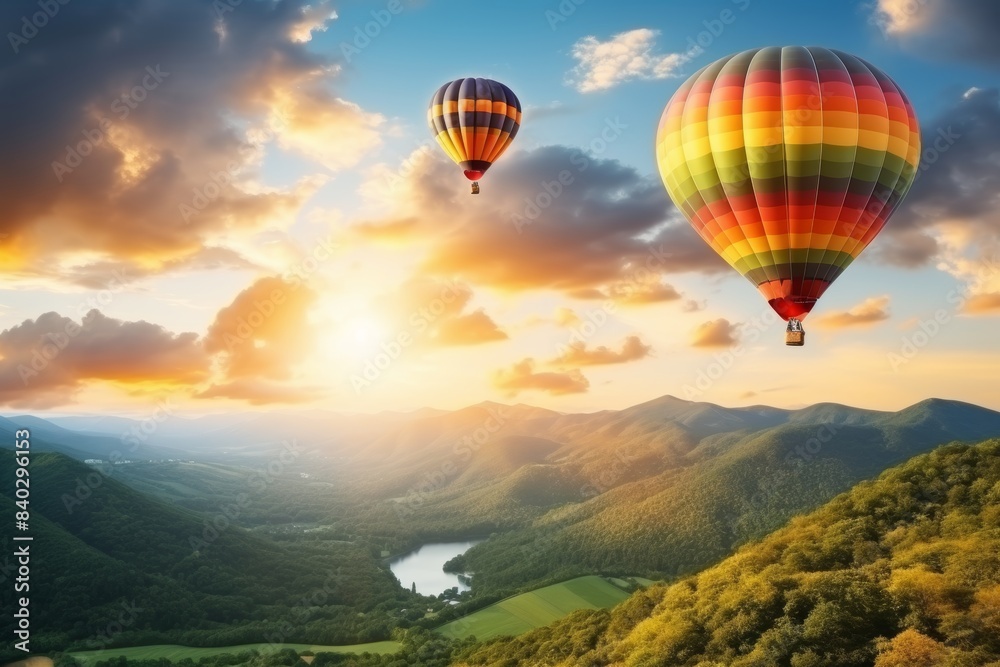 Obraz premium Majestic hot air balloons drift above mountains and vast meadows under a beautiful sunset