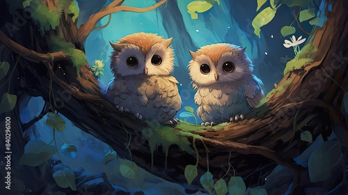 restful owlets in tree hollows surrounded by colorful fish and a white flower, with a blue wall in the background photo