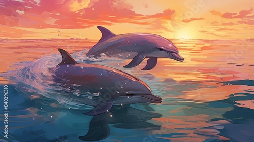 restful dolphins near the shore at sunset  with a black fin visible in the foreground and a blue water in the background