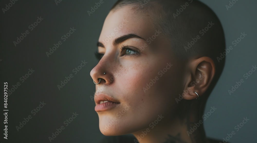 Close-up portrait of a young woman with short hair and a nose ring. She is looking away from the camera with a pensive expression. Close-up portrait of a young woman with short hair and a nose ring. She is looking away from the camera with a pensive expression.