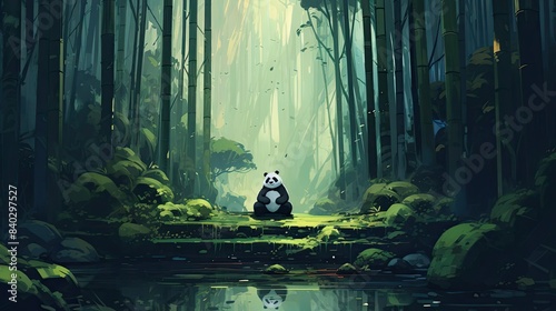 meditative pandas in bamboo groves in the forest photo