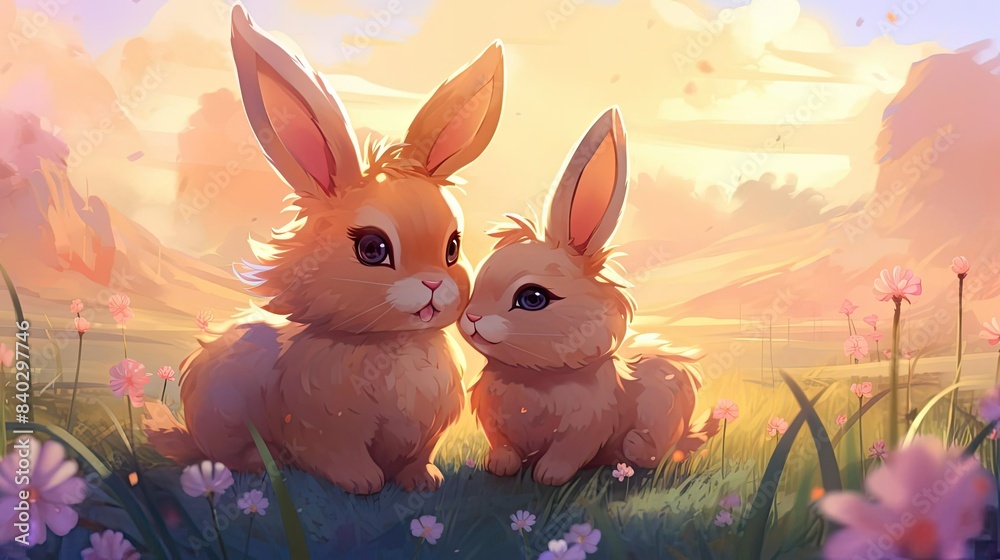 dreamy rabbits in a meadow surrounded by colorful flowers, including pink, purple, and white blooms, with a black eye in the foreground dreamy rabbits in a meadow surrounded by colorful flowers, including pink, purple, and white blooms, with a black eye in the foreground
