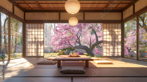 桜の景色が見える茶室｜Tea room with a view of cherry blossoms　Generative　AI　