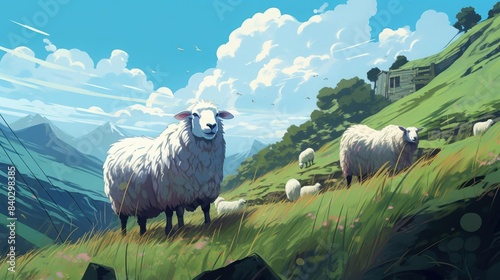 composed sheep on hillsides under a blue sky with white clouds, including a black and white sheep, a white sheep, and a white sheep with a pink ear