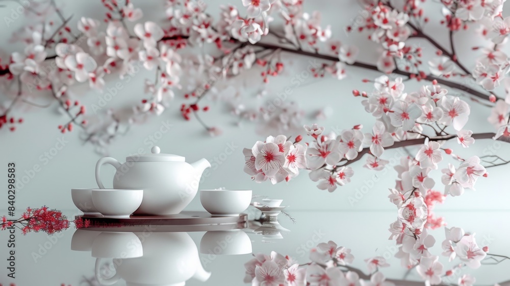 Blossoming Serenity White Ceramic Teapot and Cups Reflecting Spring's Beauty Blossoming Serenity White Ceramic Teapot and Cups Reflecting Spring's Beauty