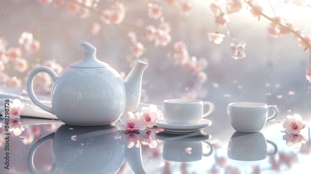 Fototapeta premium Blossoming Serenity White Ceramic Teapot and Cups Reflecting Spring's Beauty