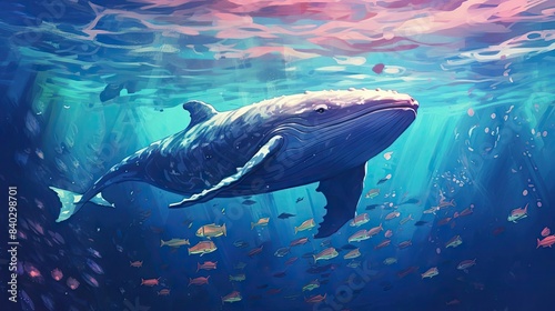 calm whales in the ocean surrounded by a variety of colorful fish  including orange  yellow  and small orange fish  with a black leg visible in the foreground