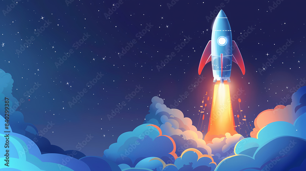 An illustration of a rocket launching into space, surrounded by clouds and a starry sky, symbolizing exploration and adventure. An illustration of a rocket launching into space, surrounded by clouds and a starry sky, symbolizing exploration and adventure.