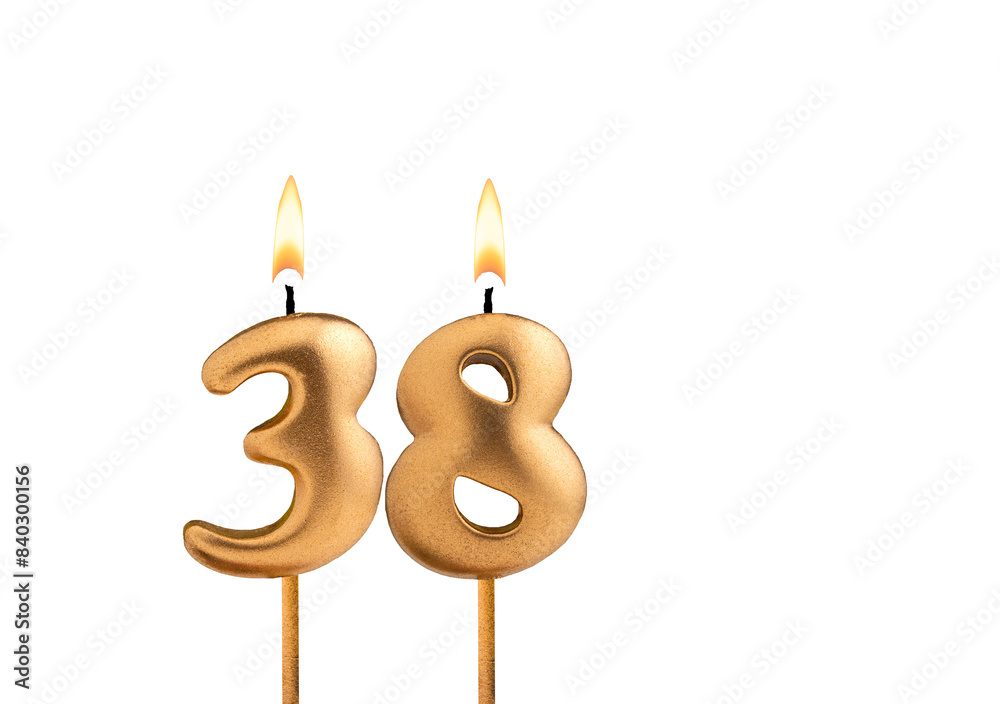 Golden candle number 38 - Birthday on white background