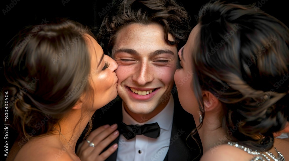 Smiling man being kissed on both cheeks by two women against a black background. Candid moment at a formal event with elegant attire and happy expressions. Party, celebration, enjoyment Smiling man being kissed on both cheeks by two women against a black background. Candid moment at a formal event with elegant attire and happy expressions. Party, celebration, enjoyment