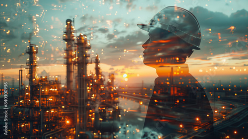 A silhouette of an engineer wearing a hard hat, overlayed with an industrial refinery scene. Double exposure effect of technician and oil refinery gasoline gas power industry business concept.