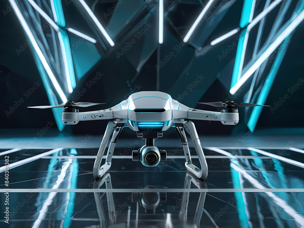 Naklejka premium Technology of the Future: A state-of-the-art drone, ready for takeoff in neon light