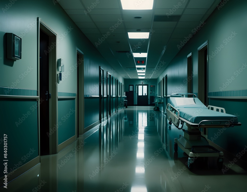 Fototapeta premium A dark and eerie hospital corridor with dim lighting, reflective floors, and a medical gurney, creating a haunting atmosphere.
