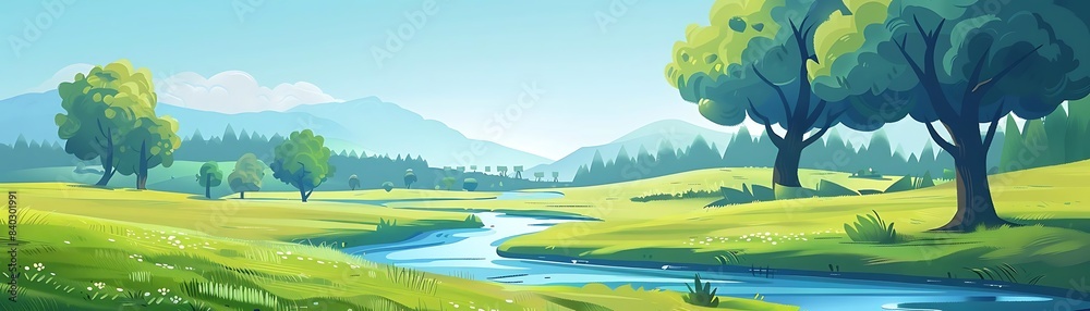a serene river flows through a lush forest, surrounded by towering trees and a clear blue sky, with a white flower adding a pop of color to the scene a serene river flows through a lush forest, surrounded by towering trees and a clear blue sky, with a white flower adding a pop of color to the scene