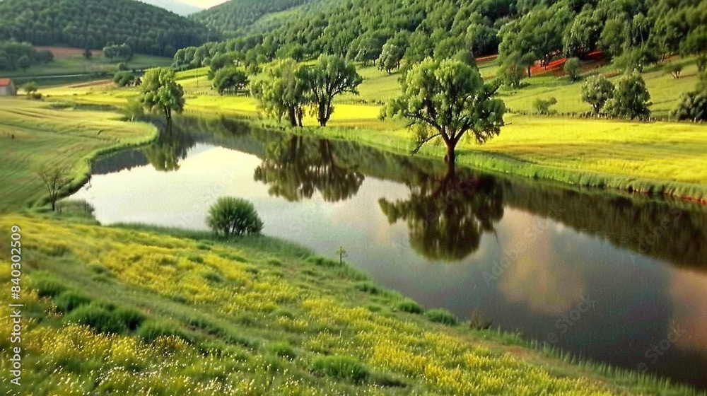 Lush green hills surround a vast body of water, with trees lining both sides of the verdant field Lush green hills surround a vast body of water, with trees lining both sides of the verdant field