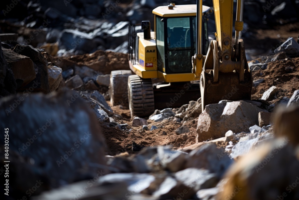 Close-up of loader vehicle loading crushed stone into the back of a dump truck at construction site Close-up of loader vehicle loading crushed stone into the back of a dump truck at construction site