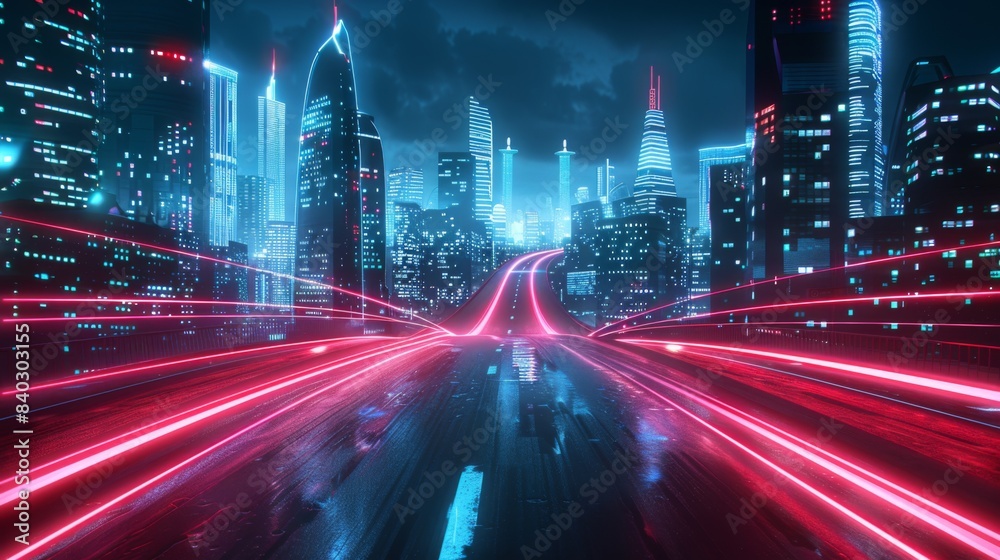 Obraz premium 3d rendering cityscape with red and light blue light trail on road. Concept city, downtown district, town at night with bright neon light.