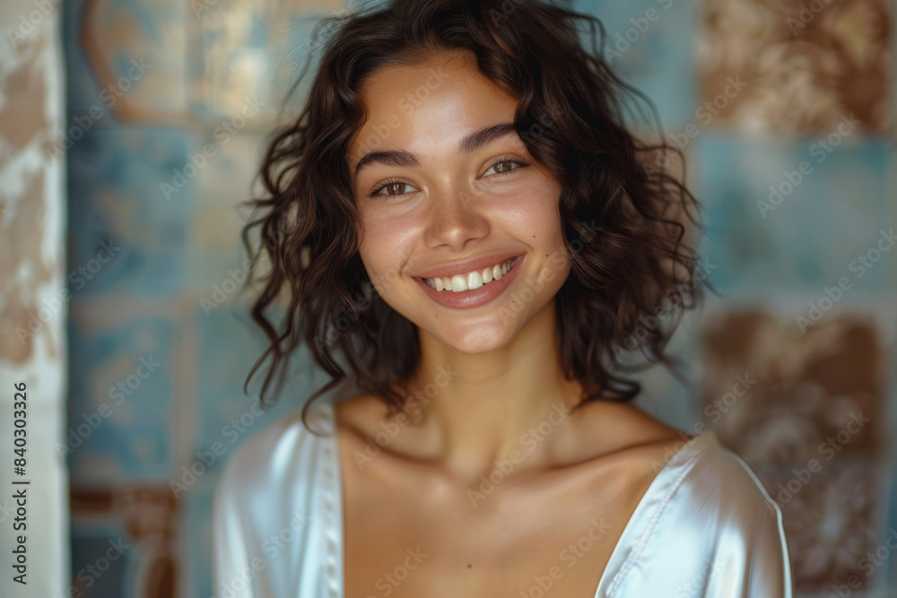 Young smiling woman in bathrobe in bathroom Young smiling woman in bathrobe in bathroom