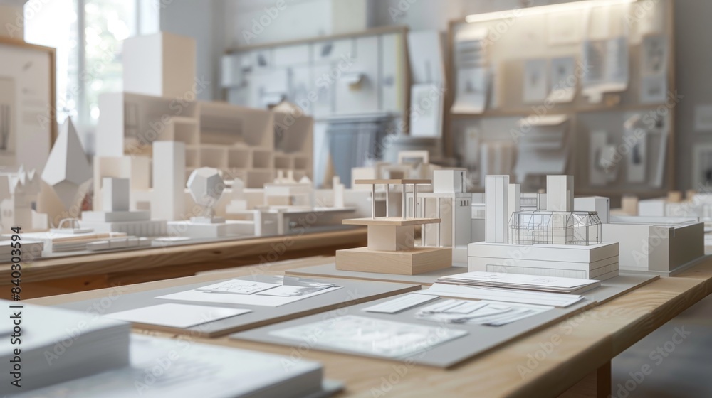 Cuttingedge Architectural Design Futuristic Model Display Room with Business Cards Blueprints and 3D Visualizations