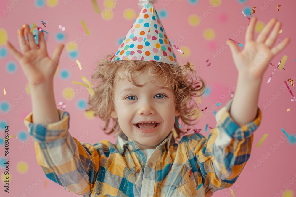 Happy little boy in Birthday hat on pink background Happy little boy in Birthday hat on pink background