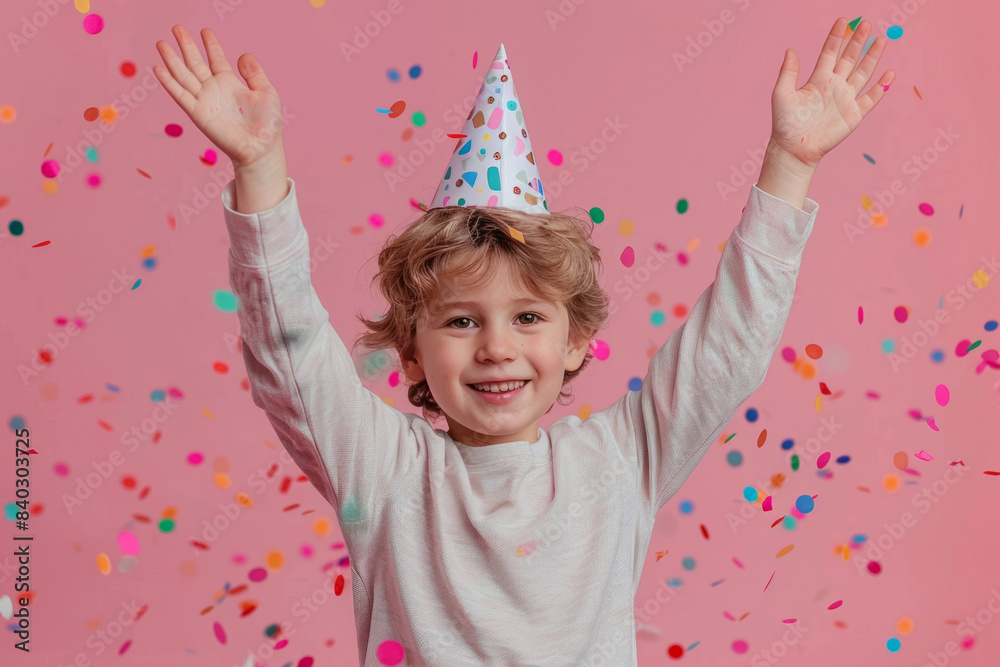 cute little boy in a Birthday hat on a pink background cute little boy in a Birthday hat on a pink background