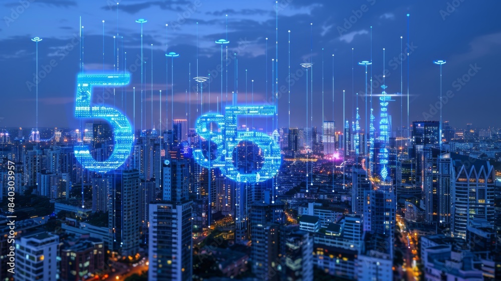 Obraz premium 5G network wireless systems and internet of things with modern city skyline