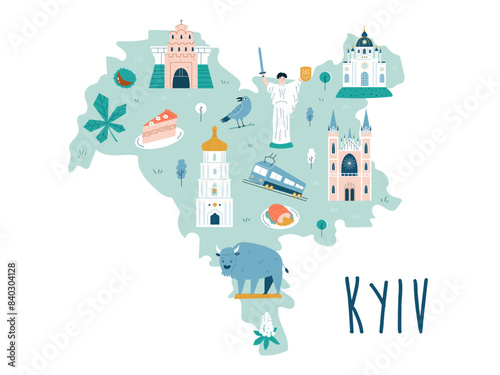 Hand drawn vector map of Kyiv city, Ukraine with famous landmarks and symbols.