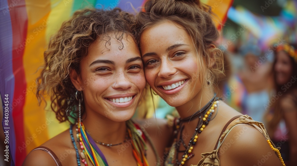 Fototapeta premium Happy Friends at Pride Celebration. Two smiling friends at a pride celebration, with rainbow flags in the background, representing LGBTQ pride and joy.