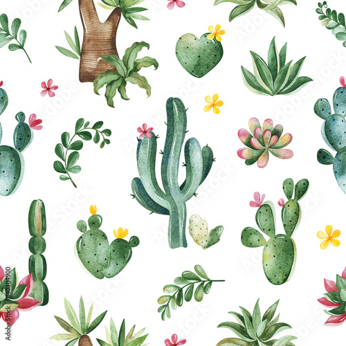Watercolor cute seamless texture with succulents,cactus,flowers,stones and branches. Tropical collection.Perfect for your project, background,wallpapers,prints, textile etc