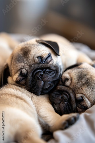 Cute pug puppies sleeping peacefully in basket, snuggling together with audible snorts and snores