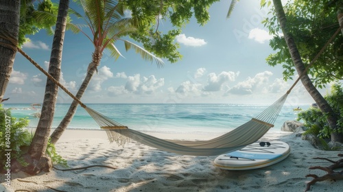 Tranquil Beach Retreat Hammock and Paddleboard at Sunrise