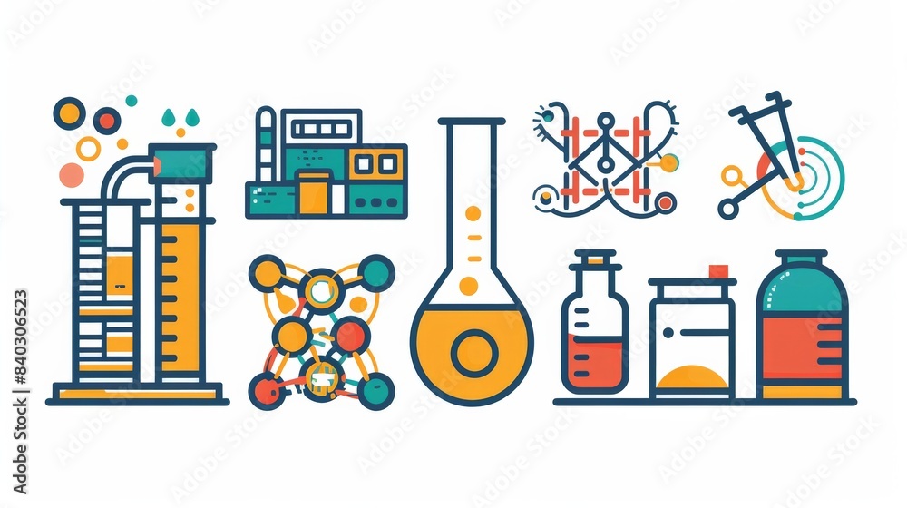 Colorful icons representing a food processing plant, a pharmaceutical factory, and a chemical plant, each with specific design elements to illustrate their unique processes. Colorful icons representing a food processing plant, a pharmaceutical factory, and a chemical plant, each with specific design elements to illustrate their unique processes.