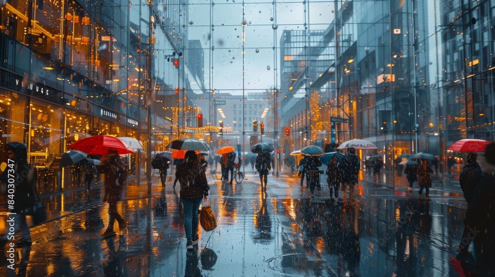 Obraz premium elegant city with people rushing around on a rainy day, Hyper realistic, Cinematic, Editorial Photography, f2