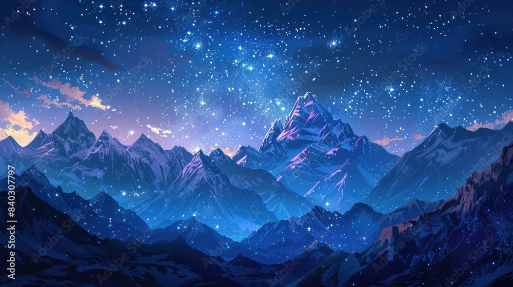 a majestic mountain stands tall against a clear blue sky, illuminated by the warm glow of the stars above a majestic mountain stands tall against a clear blue sky, illuminated by the warm glow of the stars above
