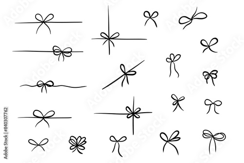 Gift bow for vintage present doodle icons set. Ribbon with knot, vector line drawing. Outline minimal tie hand drawn sketch isolated on white