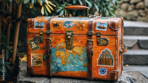 A well-worn suitcase with a world map and stickers on its surface, summer vacation. photo