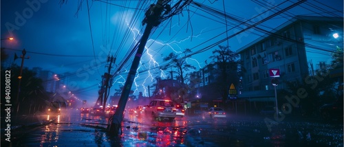 Electrical poles toppled because of a raging storm. Heavy rain in the city at night