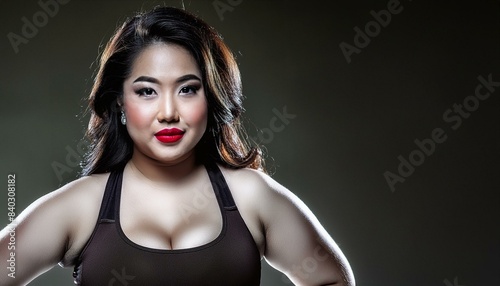 fat woman with a big belly posing for the photographer  beautiful fitness model  wonderful girl in sportswear and red lipstick  perfect shape  figure  healthy stomach