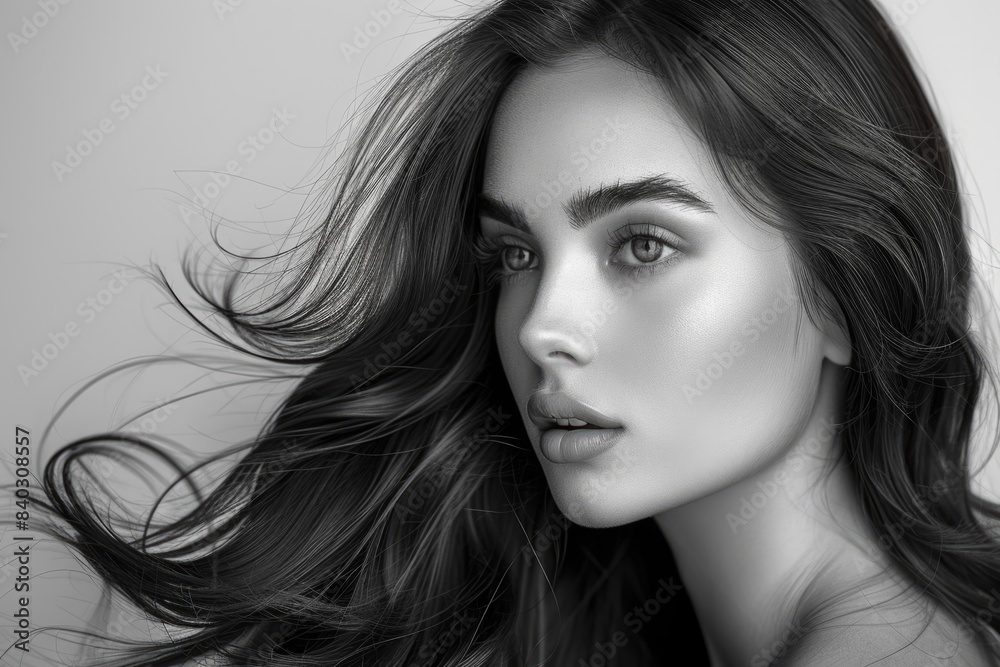 Young brunette woman with long hair black and white beauty portrait Young brunette woman with long hair black and white beauty portrait