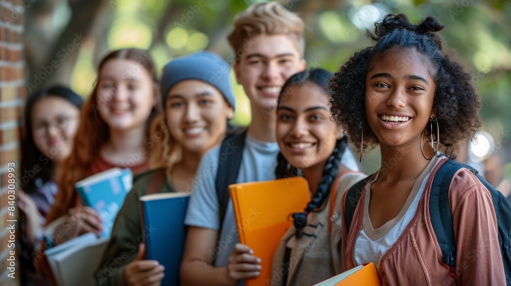 A group of multiethnic students standing together, smiling and holding books in their hands. They appear to be outdoors with trees visible behind them. The composition is slightly off-center, A group of multiethnic students standing together, smiling and holding books in their hands. They appear to be outdoors with trees visible behind them. The composition is slightly off-center,