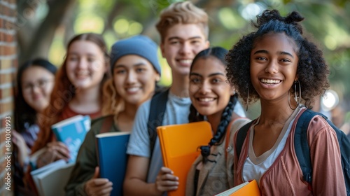 A group of multiethnic students standing together, smiling and holding books in their hands. They appear to be outdoors with trees visible behind them. The composition is slightly off-center,