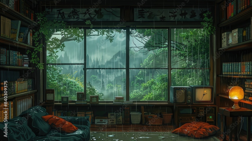 a cozy living room with a green couch and orange pillows, featuring a large window with a view of a forest a small old television sits on the couch, while a lamp illumi